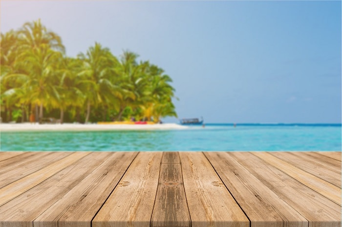 wooden board empty table front blue sea sky background perspective wood floor sea sky can be used display montage your products beach summer concepts