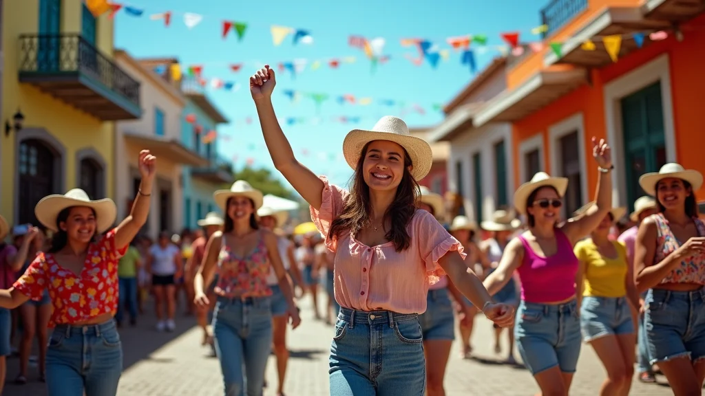 Planeje-se para 2025: Feriados e Pontos Facultativos em Petrolina e Juazeiro (BA) 1 Celebração vibrante de São João em Petrolina, Brasil, com pessoas dançando forró e barracas de comida tradicional em uma rua festivamente decorada.